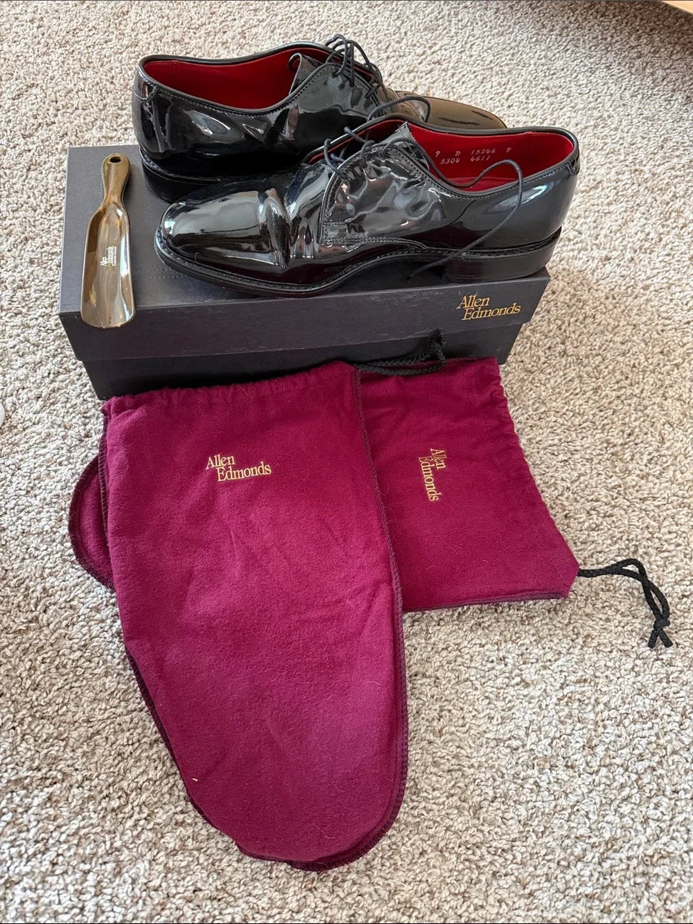 Allen Edmonds Black Patent Leather Oxfords with Red Insoles